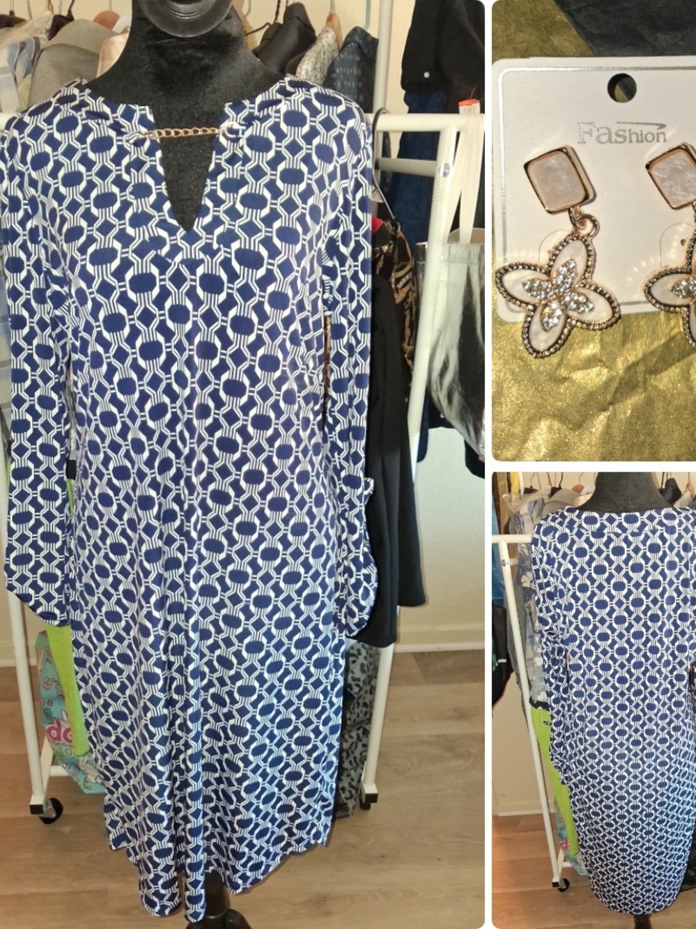 Navy & White Geometric Long-Sleeve Tunic Styled With FAb & FREE earrings!
